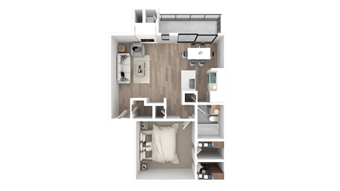 a 3d floor plan of a bedroom with a bathroom and a living room